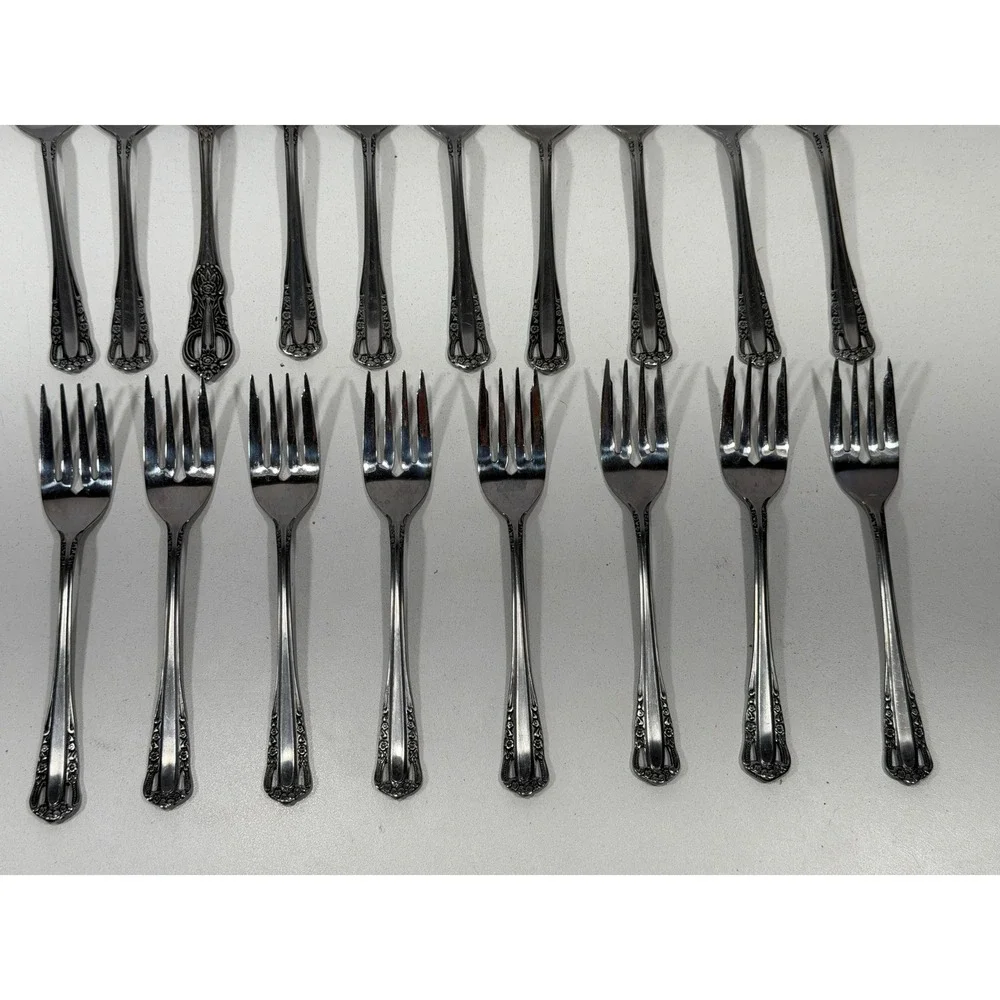 Vintage Ornate Floral Stainless Steel Flatware Set 37 Pieces Knives Forks Spoons